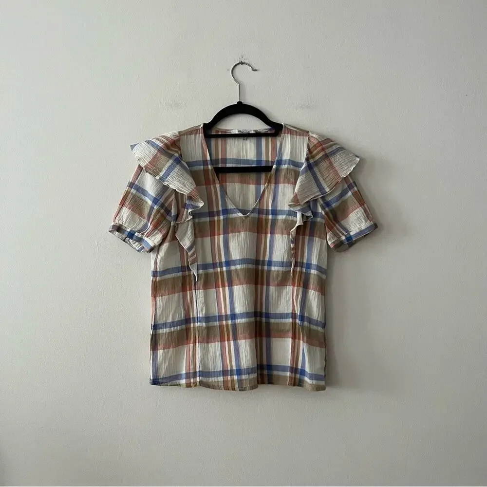 Madewell V-Neck Shoulder-Ruffle Top in Plaid